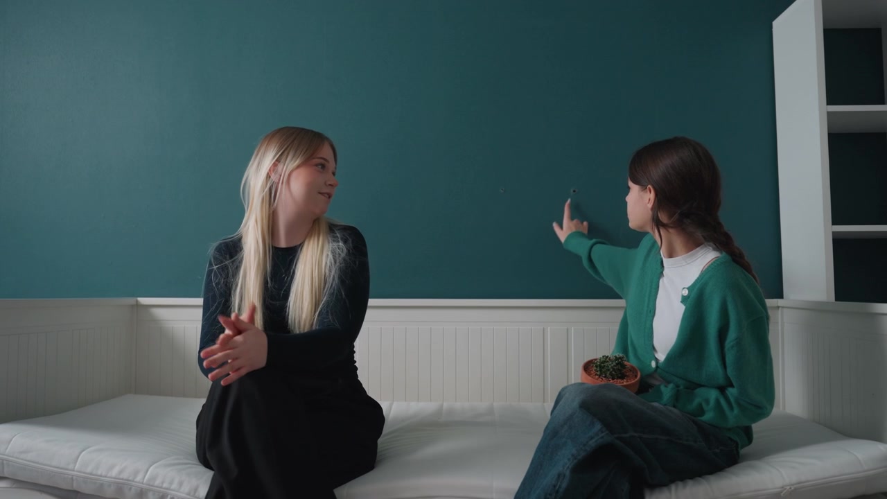 Two women testing daybed comfort in empty apartment while deciding layout, playful gestures, pointing at wall, pot plant between them, unpacked boxes nearby, casual wardrobe, negotiation