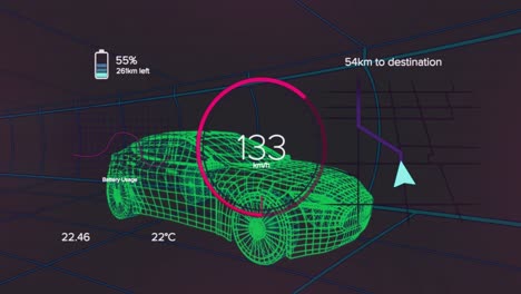 animación de la interfaz del coche sobre el coche digital en fondo negro.