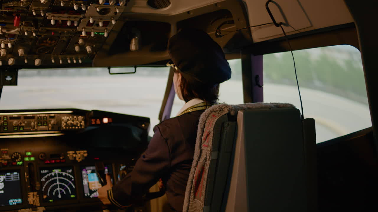 Portrait of woman copilot flying airplane with captain in cockpit