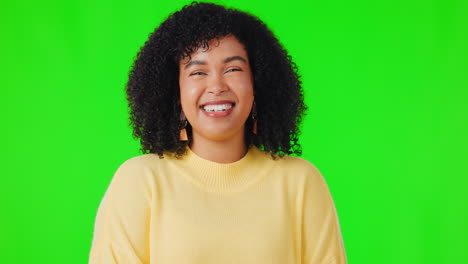 Woman,-face-and-laughing-portrait-on-a-green