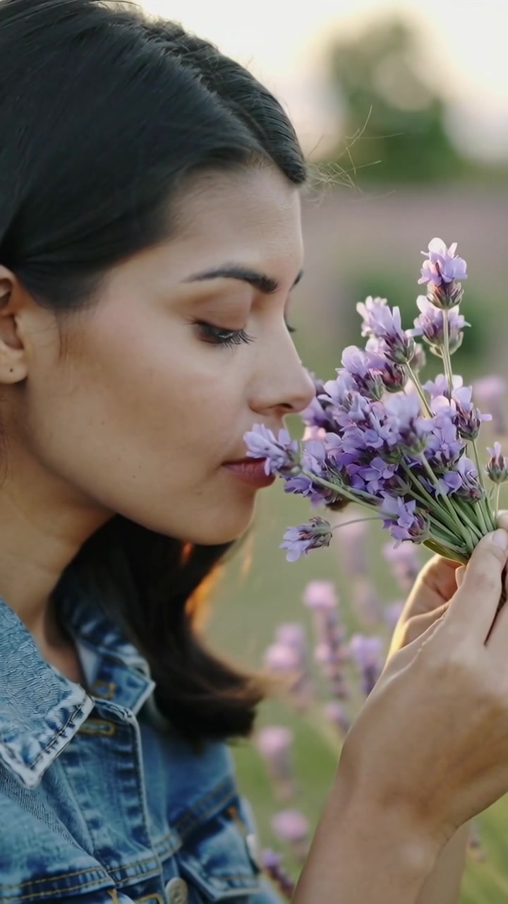 Video verticale: Una donna in jeans tra i fiori si allunga e inala il profumo di un bouquet in un campo di lavanda.