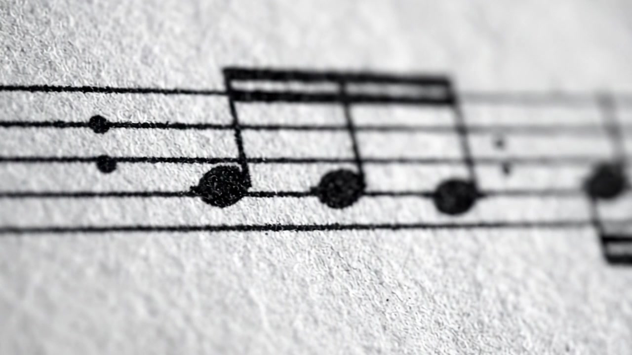 Een Close-up Verkenning van Muzieknotatie Met Gedetailleerde Bladmuziektextuur en Compositie-elementen in Twee Afzonderlijke Frames.