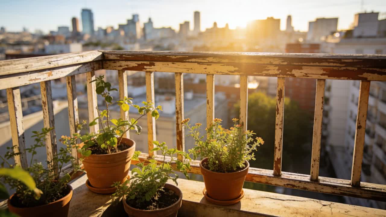 La telecamera si muove in avanti, il sole si sposta, vasi di terracotta e piante aromatiche rivelano caldi riflessi per il design.