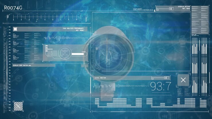 Animation af digital skærm med forskellige data, globus og sikkerhedskamera