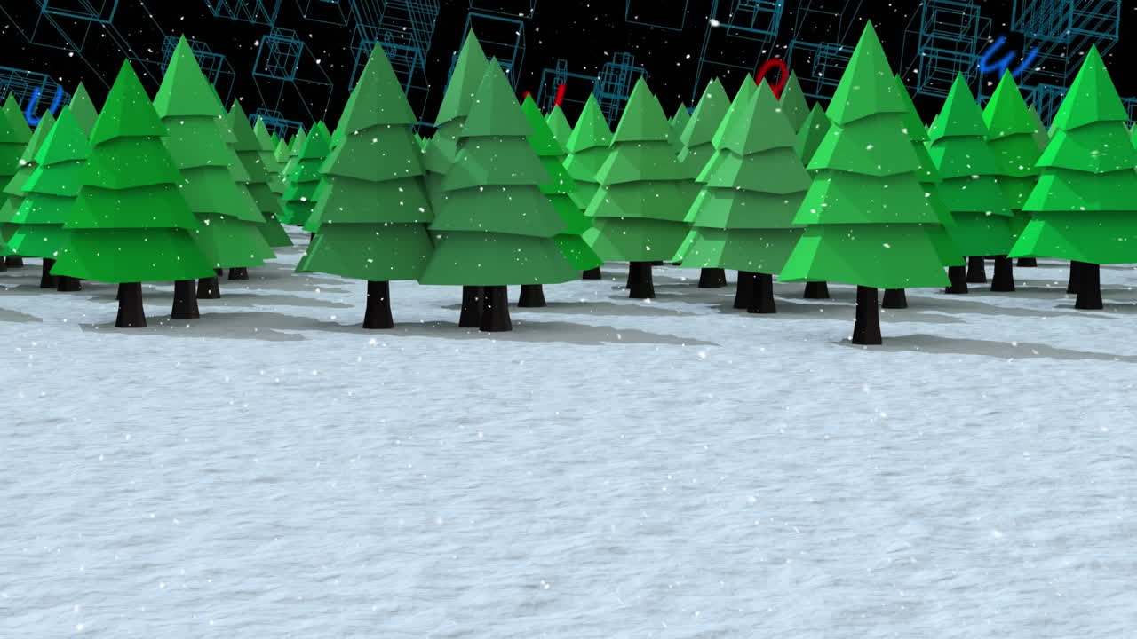 파란색 배경에 떠다니는 알파 ⁇ 에 대항하여 겨울 풍경에 여러 나무에 눈이 내리고 있습니다.