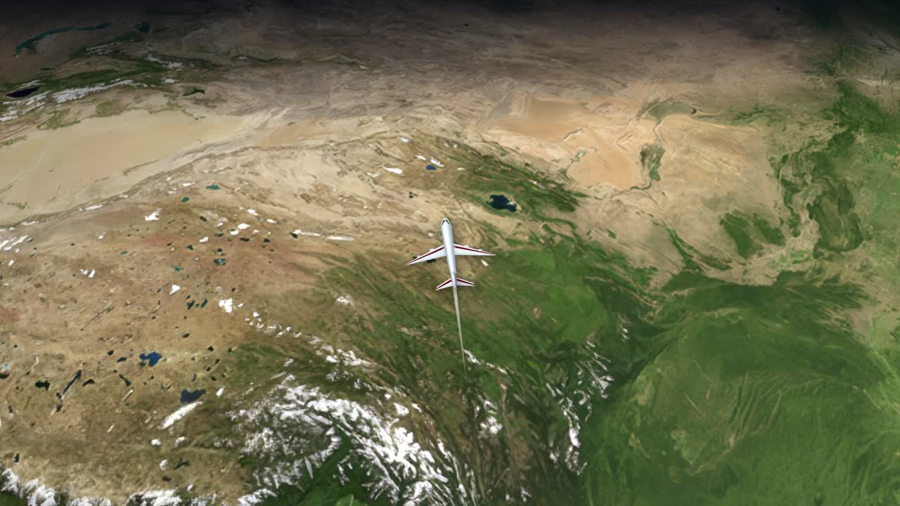 Et passasjerfly flyr over en 3D-globus fra Bangkok til New York City.