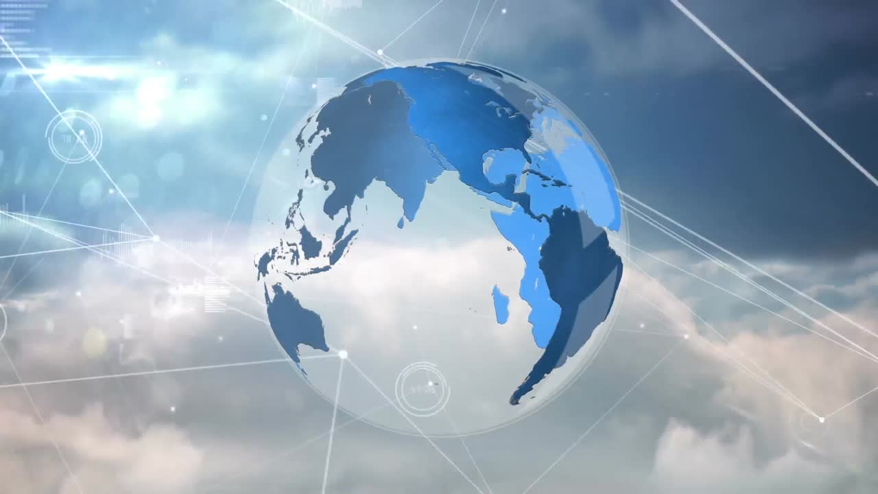 연결 네트워크의 애니메이션, 하늘의 구름에 대항하여 회전하는 지구를 통해 데이터 처리