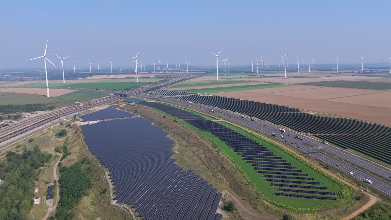 Aerial View of Solar and Wind Farm
