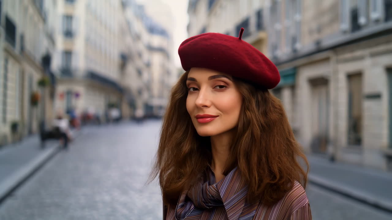 Woman in Red Beret on a Parisian Street