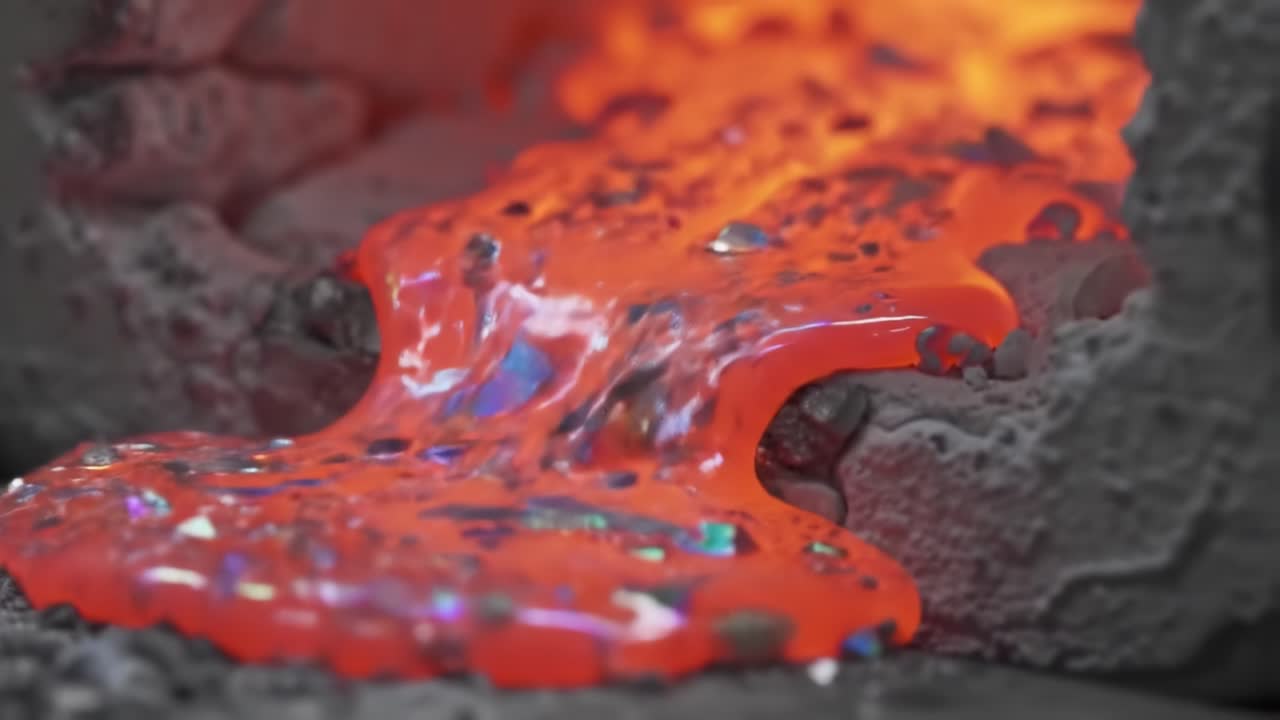 Mesmerizing Flow of Molten Metal: A Close-Up Exploration of Lava-Like Liquid Transitioning from Hot to Vibrant Red in a Foundry Setting