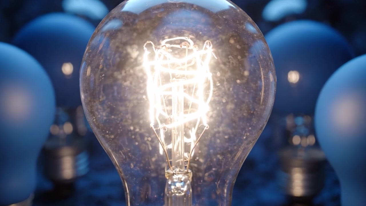 Un'Affascinante Esposizione di Idee Illuminate: La Scintilla della Creatività Brilla Intensamente in Mezzo a un Mare di Lampadine Blu in un Drammatico Contrasto di Luci e Ombre