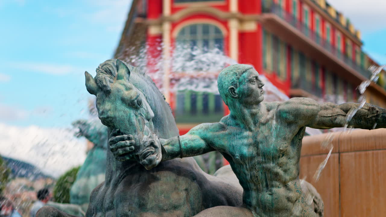 Nice, France - May 12, 2025: Close up of the Sun water fountain in the Massena Square in daylight