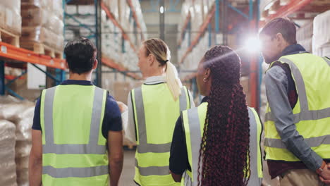 warehouse team discussing logistics