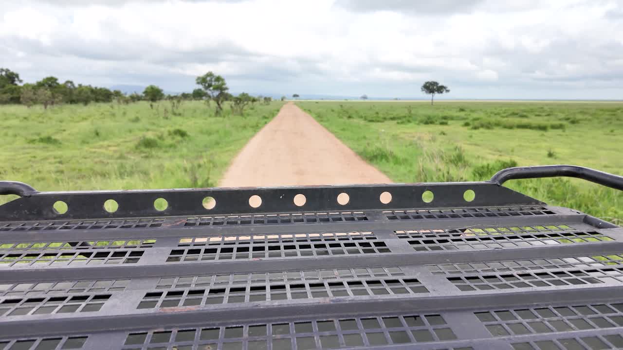 View from safari Jeep rooftop leaving dirt trail in Mikumi national park reserve in Tanzania
