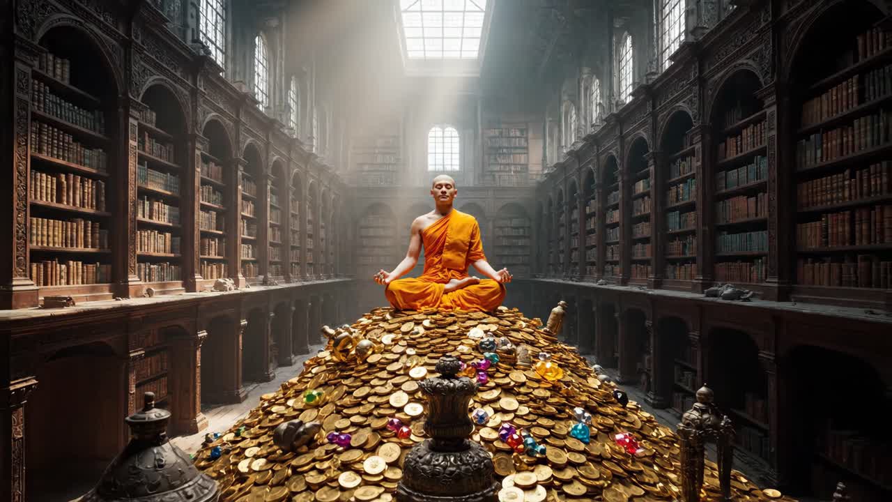 Monk Meditating on a Treasure Pile in a Library