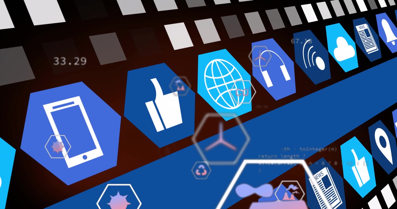 Interfaccia digitale con icone animate di social media e tecnologia
