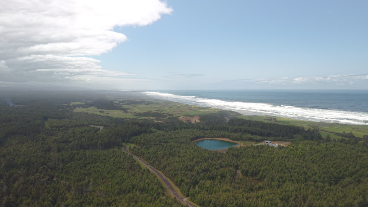 Bandon Dunes Golf Resort in Southern Oregon. Sheep Ranch Course. Aerial fly-over with ocean view.
