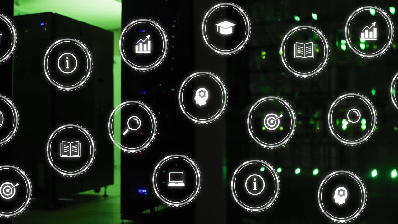 animación de iconos de negocios sobre la sala del servidor