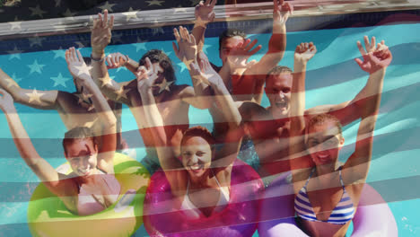 Group-of-friends-in-a-pool-and-the-American-flag-for-fourth-of-July