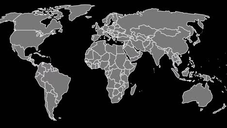 Animación-Del-Texto-De-Saludo-Sobre-El-Mapa-Mundial-Sobre-Fondo-Oscuro