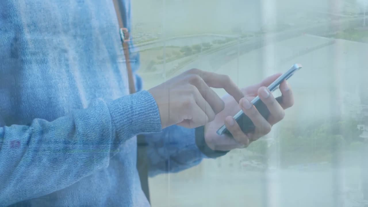 도시 풍경 위에서 스마트폰을 사용하는 사람의 애니메이션