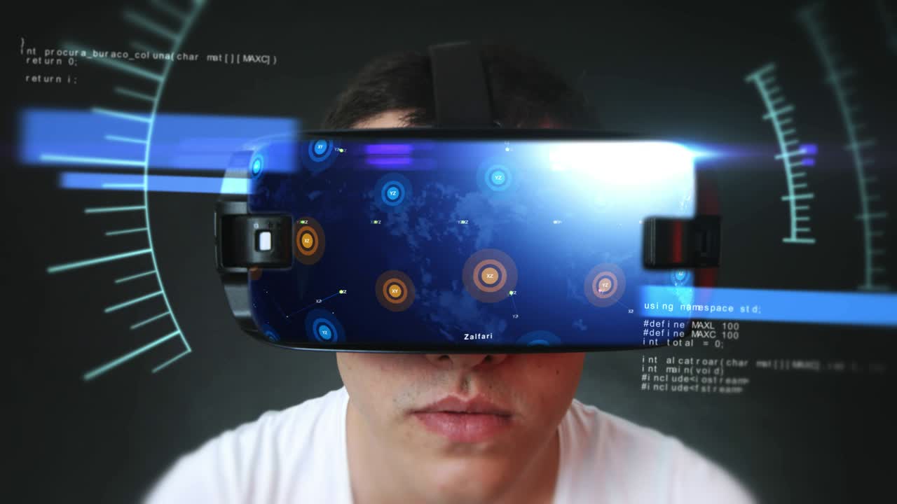 Handsome young man wearing VR headset and experiencing virtual reality.