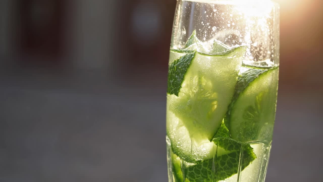 Close-up video of a refreshing cocktail with cucumber and mint leaves, captured at eye level