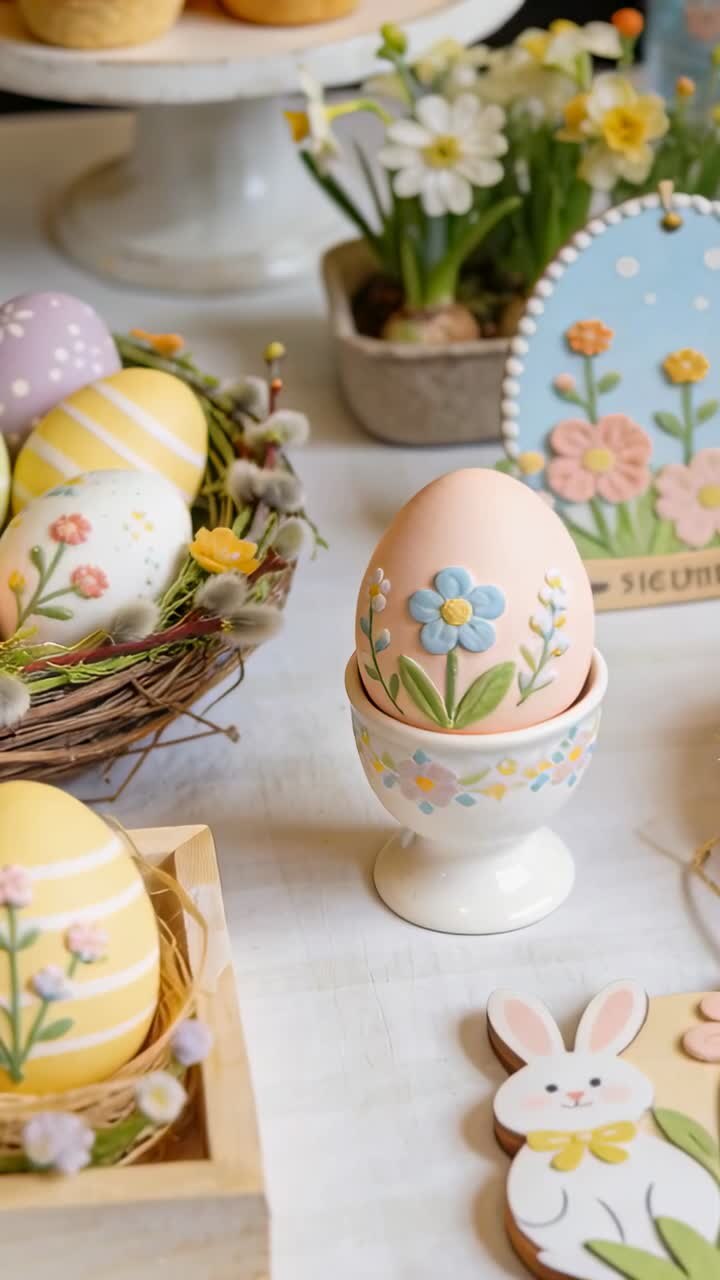 Vertical video: Panning camera focusing on peach egg in egg cup, showing rabbit tag, for spring