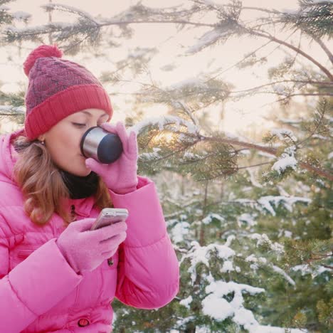 Mujer-Joven-Con-Un-Teléfono-Móvil-En-El-Bosque-De-Invierno