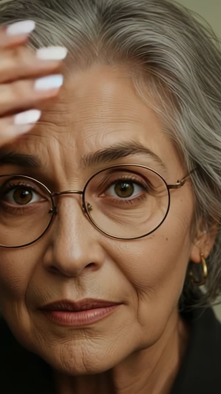 Vertical video: Hand entering scene starting woman adjusting hair at olive wall, wearing eyeglasses