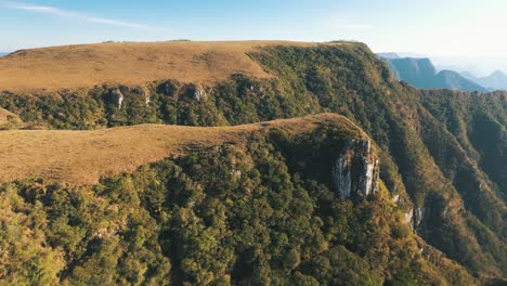 aerial cinematic establishing shot of brazilian tropical rainforest plateau canyons and mountains at sunrise