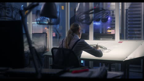 female designer working on car sketches in a modern design studio at night