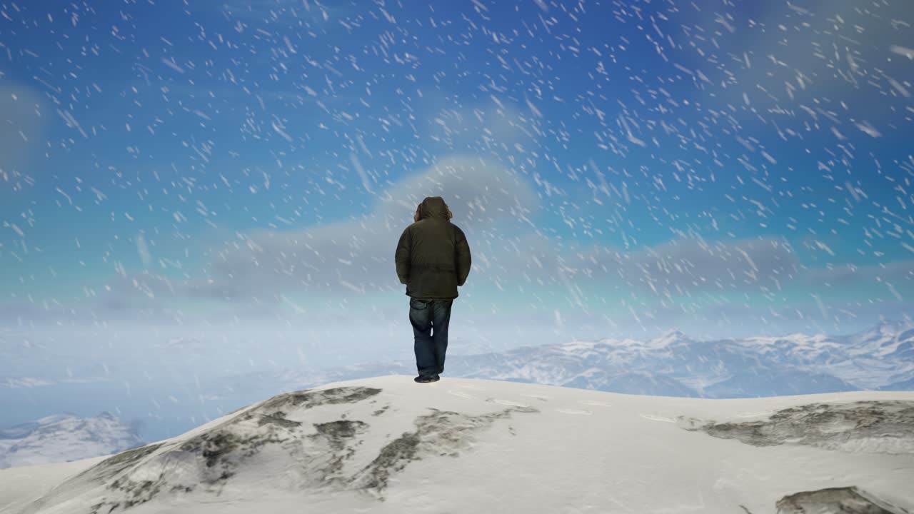 눈 인 산 꼭대기에 서 있는 사람. 추운 눈이 쌓인 풍경, 공중 풍경, 비현실적인 4k 스크린