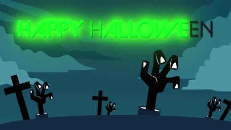 animation of neon halloween greetings and cemetery on night sky background