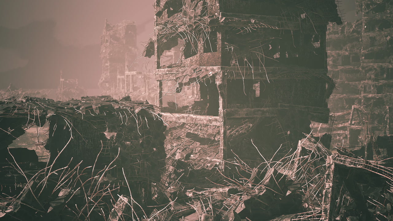 Ruins of a once bustling city in a desolate landscape