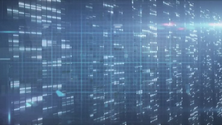 Animation of navy digital screen with diverse data processing, lights and dots