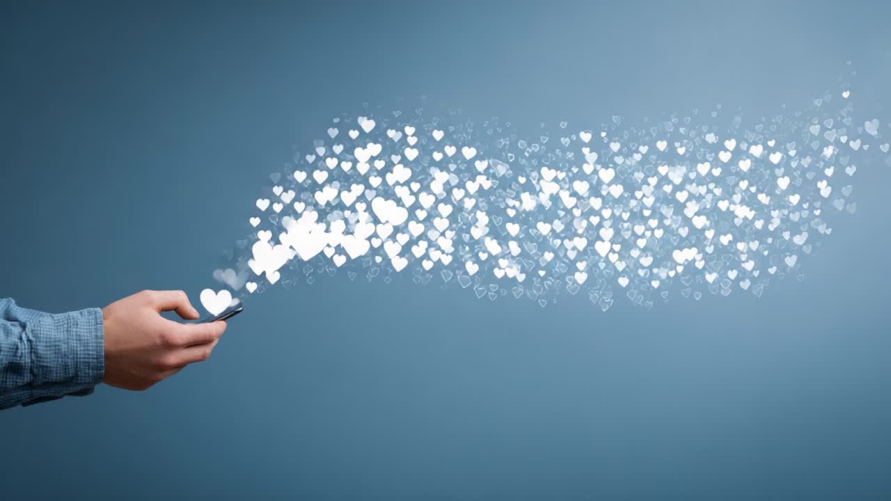 A Creative Display of Affection: A Hand Holding a Device Releases a Stream of Floating Hearts Against a Soft Blue Background, Representing Love and Connection