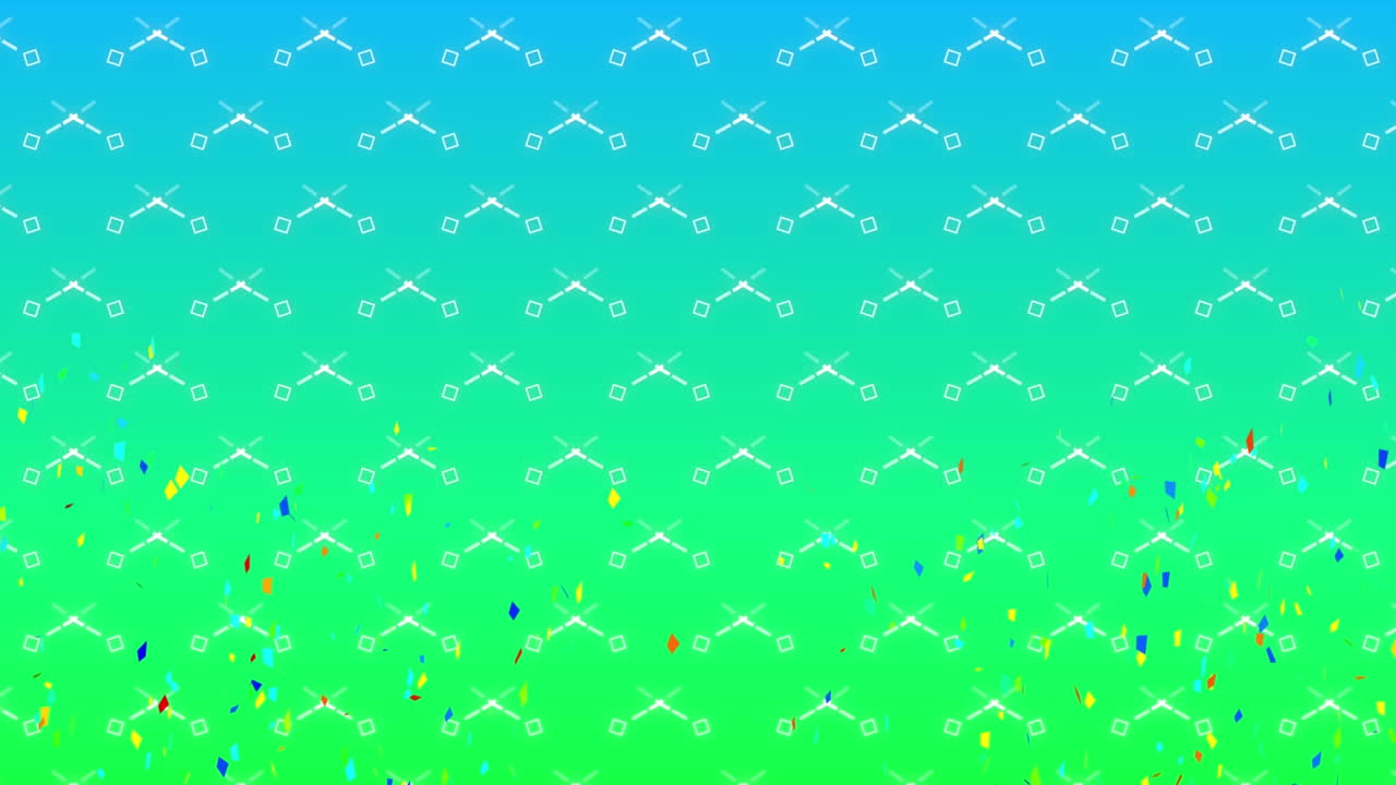 그라디엔트 파란색에서 초록색 배경 위에 떨어지는 콘페티의 애니메이션