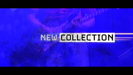 animation of new collection in black and white text with distortion over electric guitar player