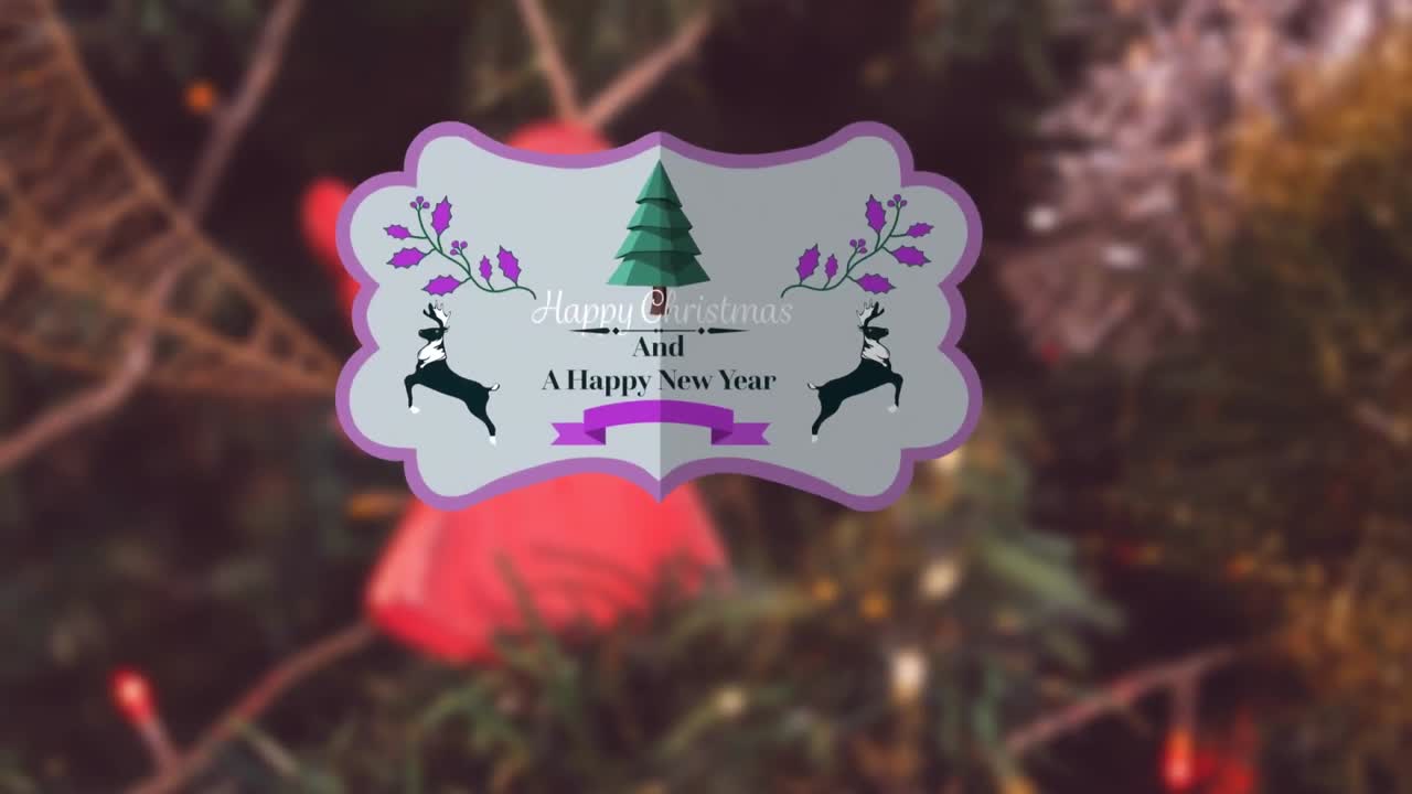 animación de feliz año nuevo y banner de texto de navidad en primer plano del árbol de navidad decorado