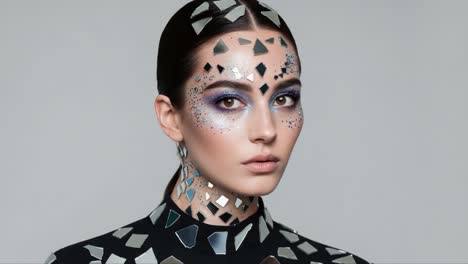 a captivating portrait of a model adorned with geometric mirror pieces, showcasing stunning makeup artistry and a unique fashion statement in two dramatic frames