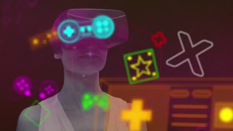 animación de iconos de medios sobre una mujer con auriculares vr