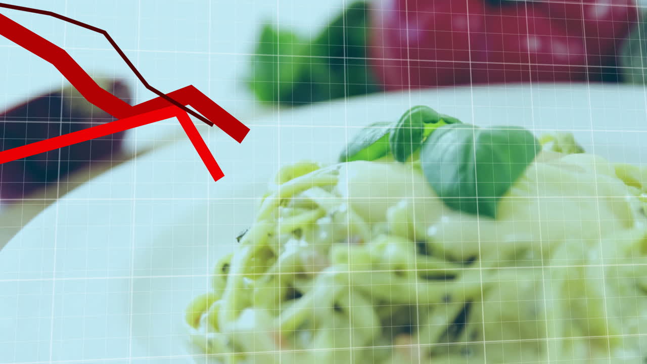 Pasta dish with basil overlaid by red arrow and grid animation