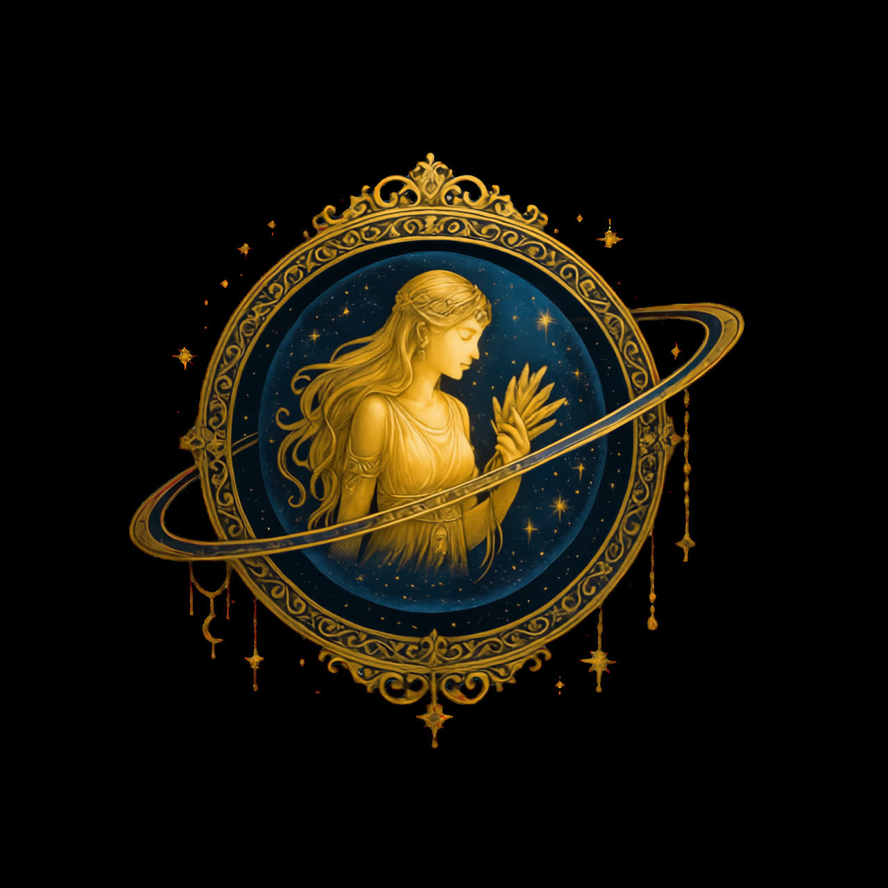 Elegant celestial goddess illustration animation isolated asset, transparent 4K video, alpha