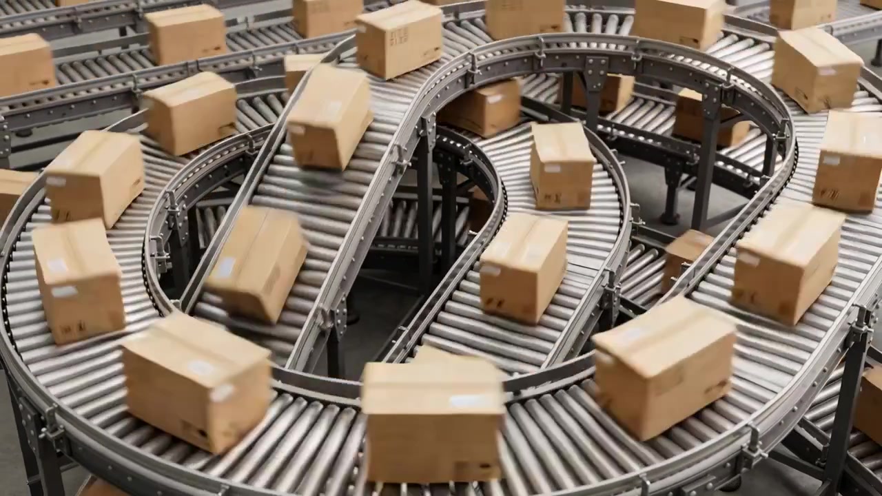 Entering cardboard boxes moving along curved roller conveyors in depot, guided by rails for sorting