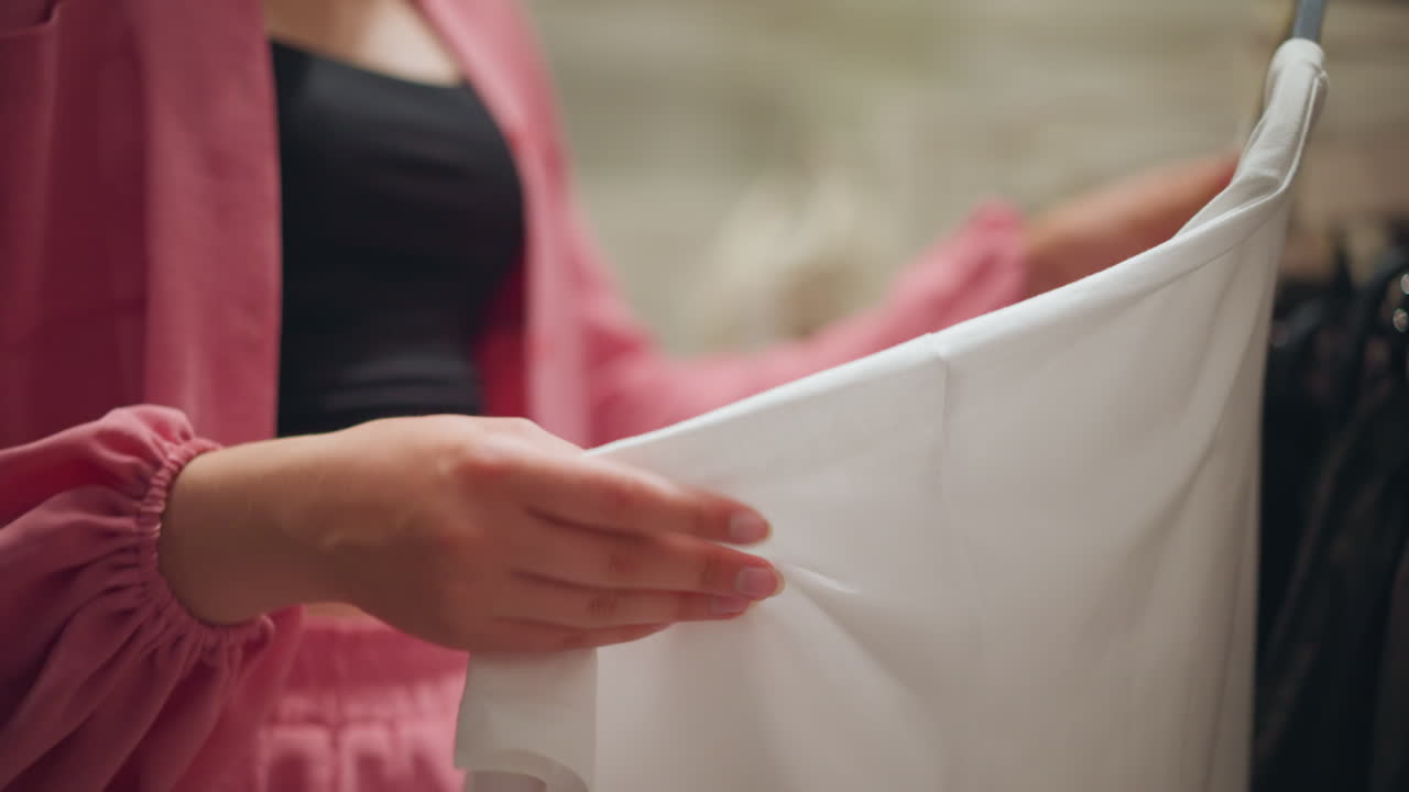 색 폴로 셔츠를 사려 깊게 평가하는 은 분홍색 을 입은 여자의 하부 몸 모습, 다른 옷은 잘 조명 된 상점의 랙에서 배경에 끔하게 배열되어 있습니다.