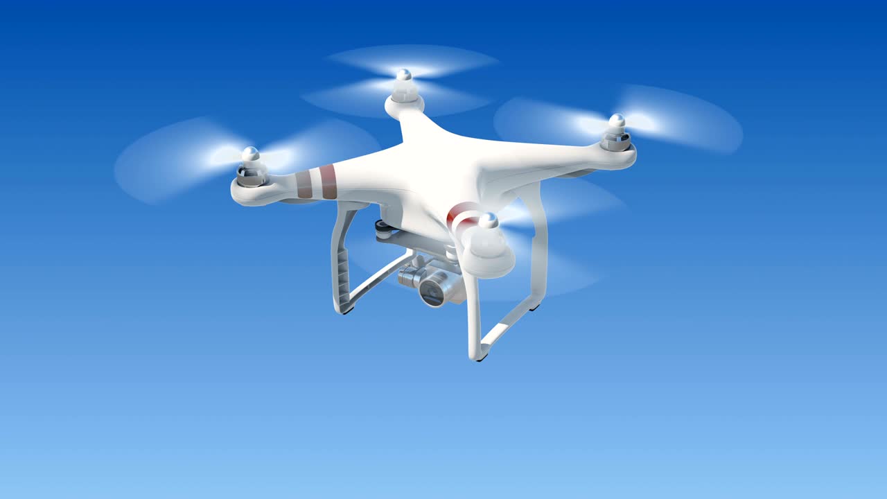 푸른 하늘을 날아다니며 카메라로 촬영하는 드 터: 녹색 스크린과 알파 마스크를 가진 루프 3d 애니메이션