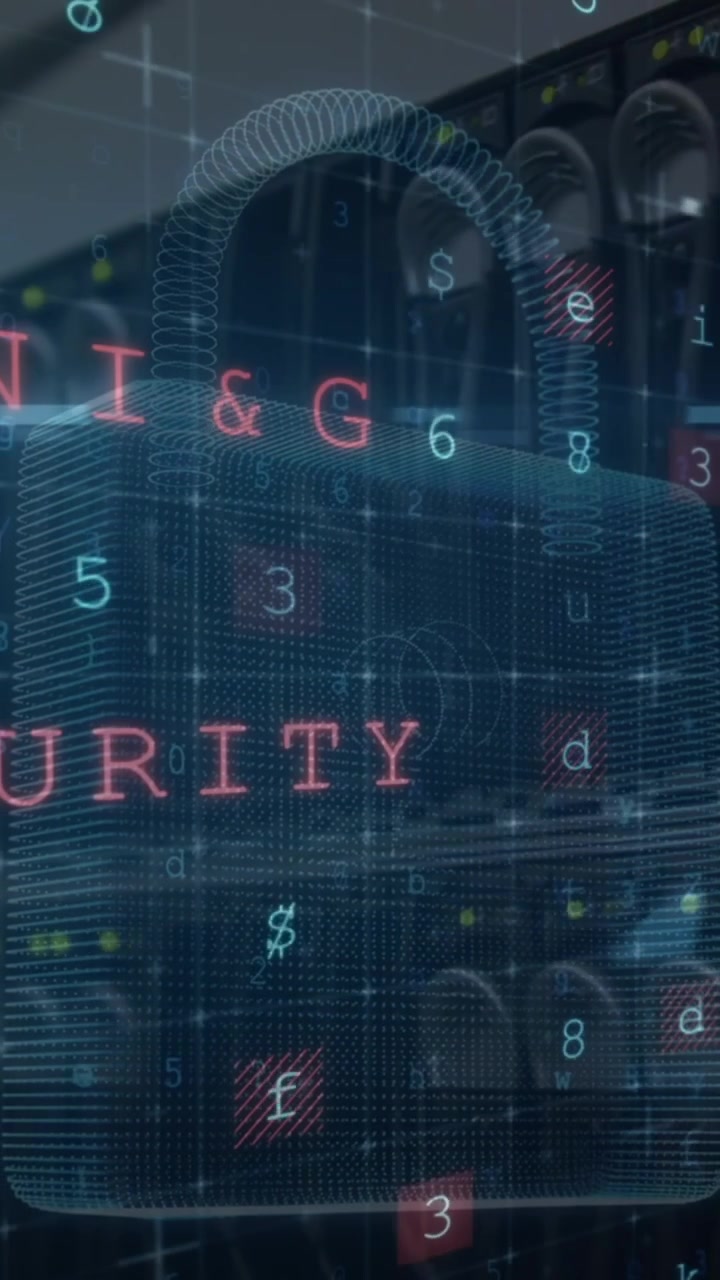 Animation of security padlock and data processing over black background