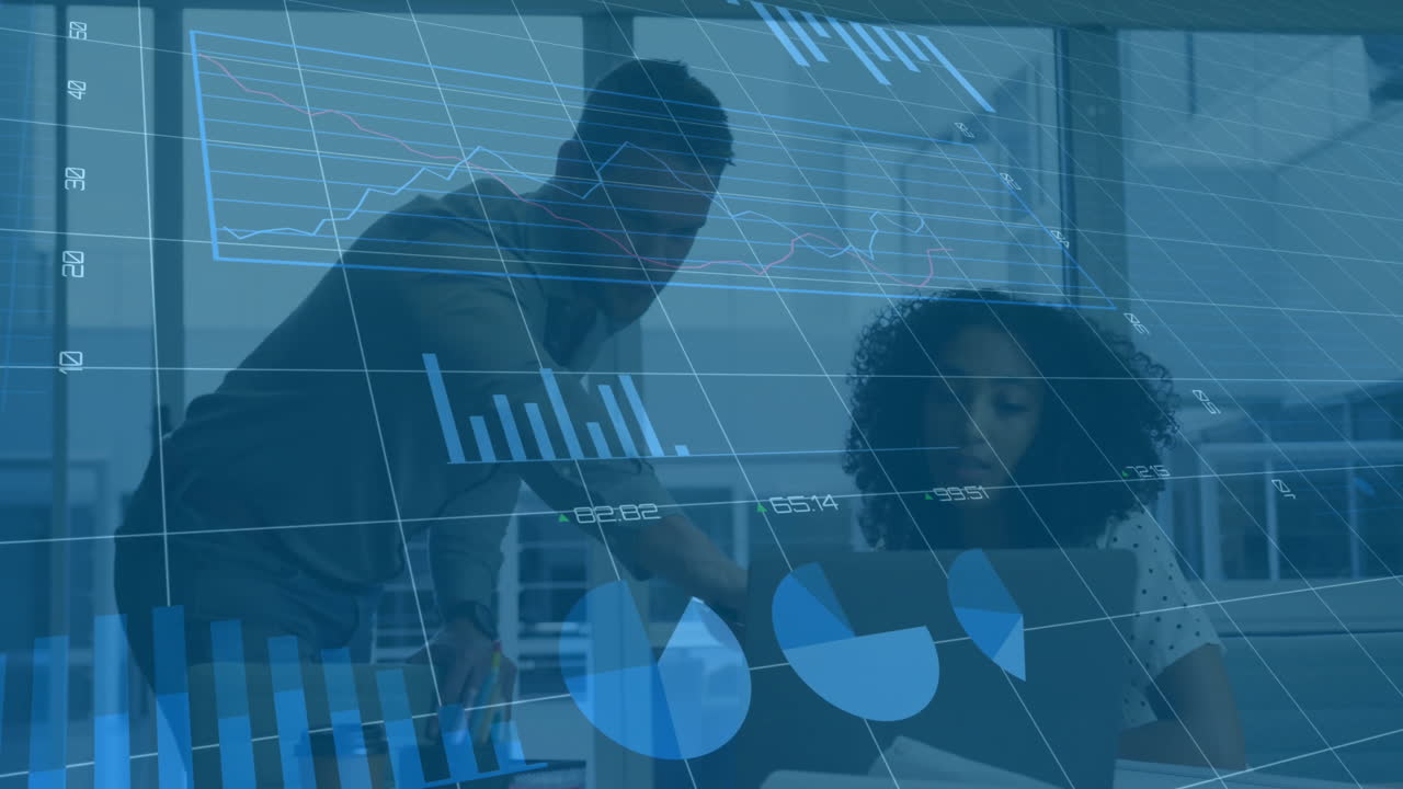 Animation of graphs, changing numbers, loading circles over diverse coworkers discussing reports