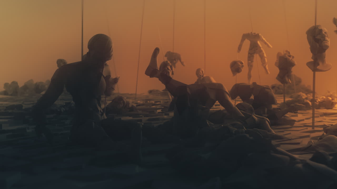 Destroyed andorids on a junkyard in yellow light